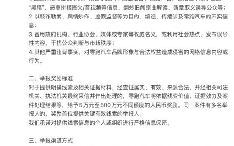 零跑汽车启动"清朗行动" 举报网络黑公关最高奖励500万元