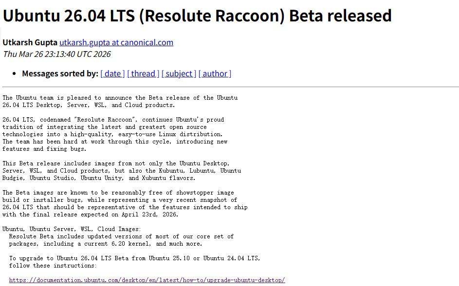 基于Linux7.0+GNOME50+Mesa26.0! Ubuntu 26.04 LTS Beta 版发布
