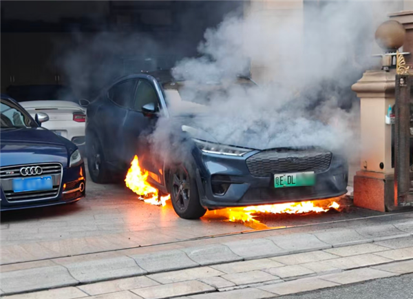 别墅车库一台福特电马起火燃烧 差点殃及保时捷TruboS和奔驰V级