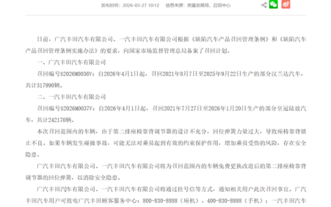 第二排座椅靠背设计缺陷 超56万辆皇冠陆放、汉兰达被召回