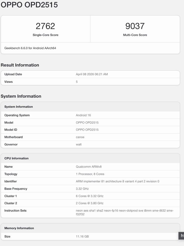 高通第五代骁龙8芯片+12GB内存! OPPO Pad Mini 平板跑分曝光
