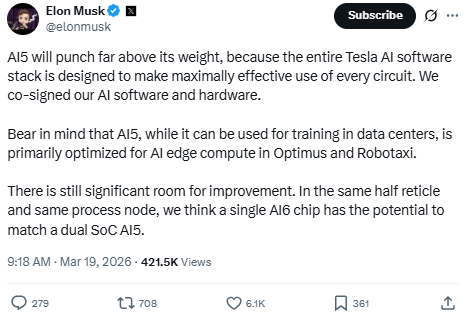 马斯克凌晨宣布：特斯拉已完成AI5自驾芯片流片