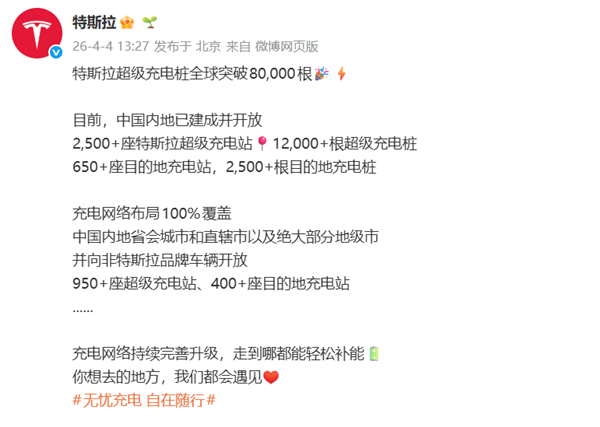 全球突破80000根!特斯拉超级充电桩创纪录 2025年输电6.7太瓦时