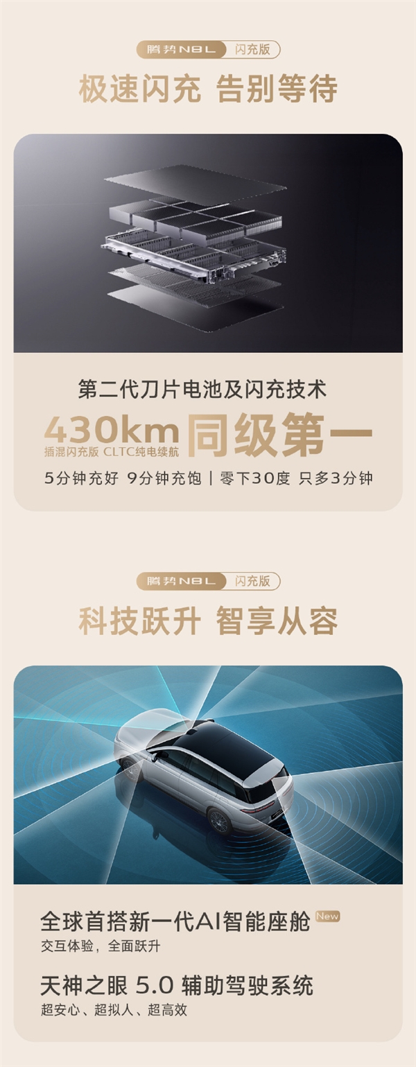 纯电续航同级第一！比亚迪腾势N8L闪充版预售：35万元起