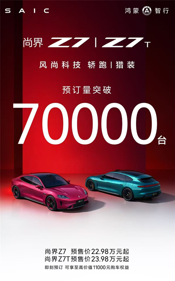 预售22.98万起  鸿蒙智行尚界Z7/Z7T预定已破7万：下周即上市