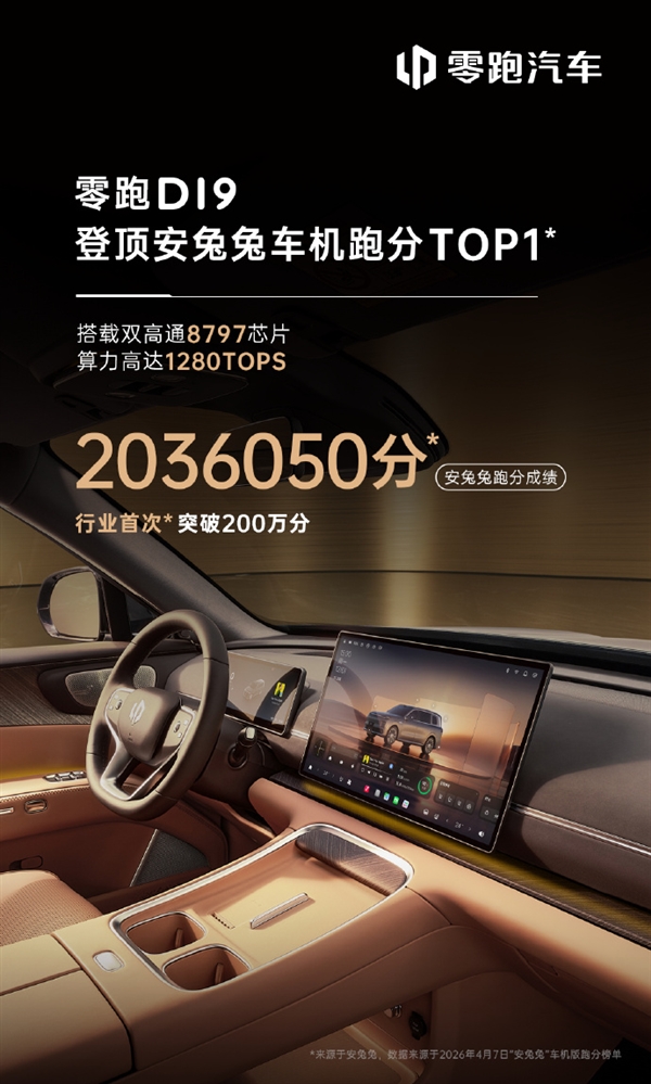 行业首次!零跑D19安兔兔车机跑分突破200万