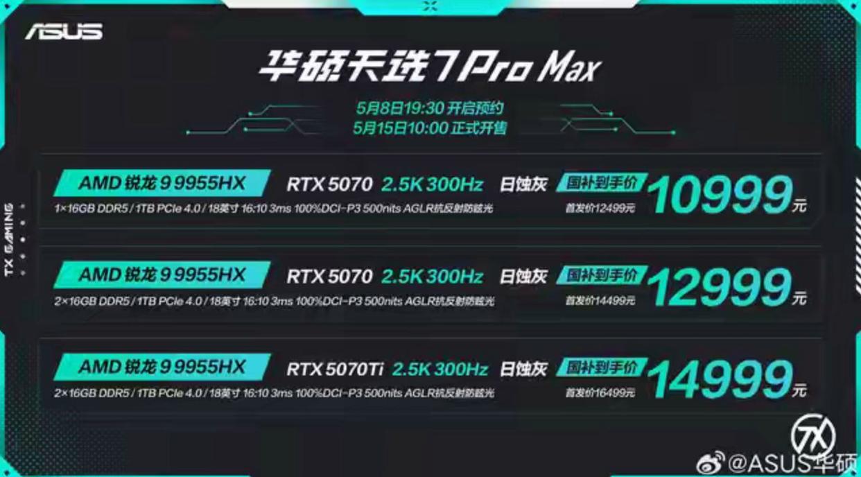 10399元起! 华硕天选7 Pro/Max游戏本家族发布