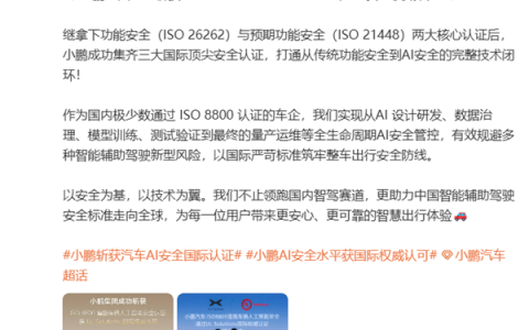 国内唯一！小鹏成功集齐三大国际顶尖安全认证