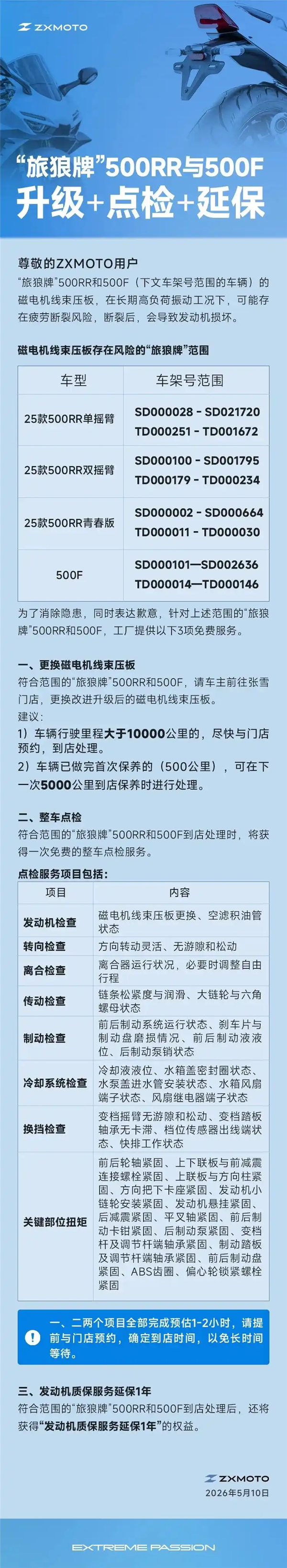 张雪机车公告两款车型风险：磁电机线束压板可能断裂 提供升级点检延保