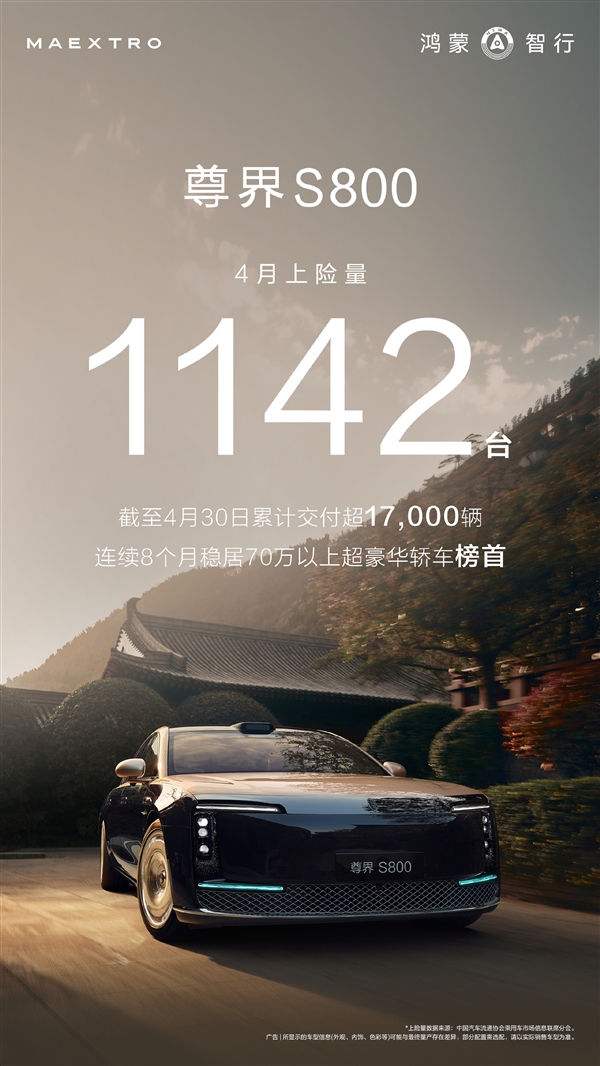 余承东:尊界S800连续8个月稳坐70万以上超豪华轿车榜首