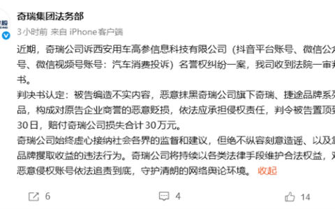 造谣抹黑恶意贬损！一媒体账号被判赔付奇瑞公司30万元