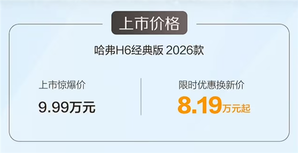 曾经的国民神车 2026款哈弗H6经典版上市:限时8.19万起