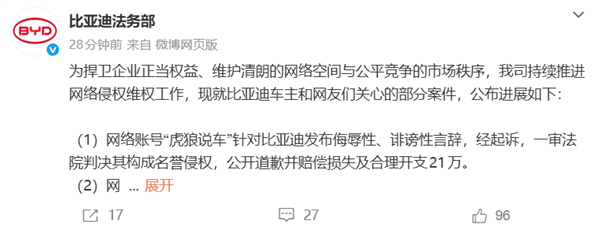 比亚迪法务部晒维权战报：多家自媒体败诉排队道歉、有人判赔21万元