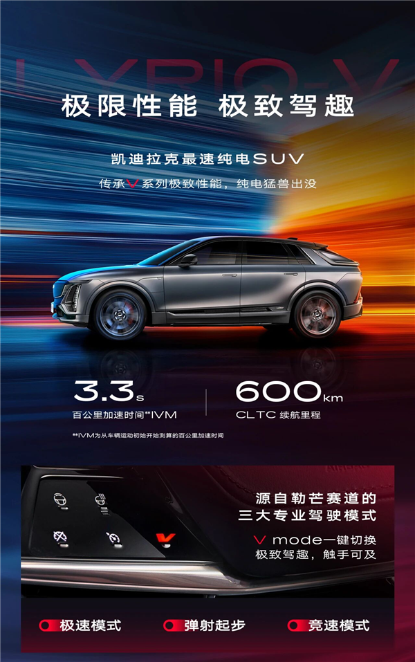 39.99万元 凯迪拉克高性能纯电SUV锐歌V上市：3.3秒破百