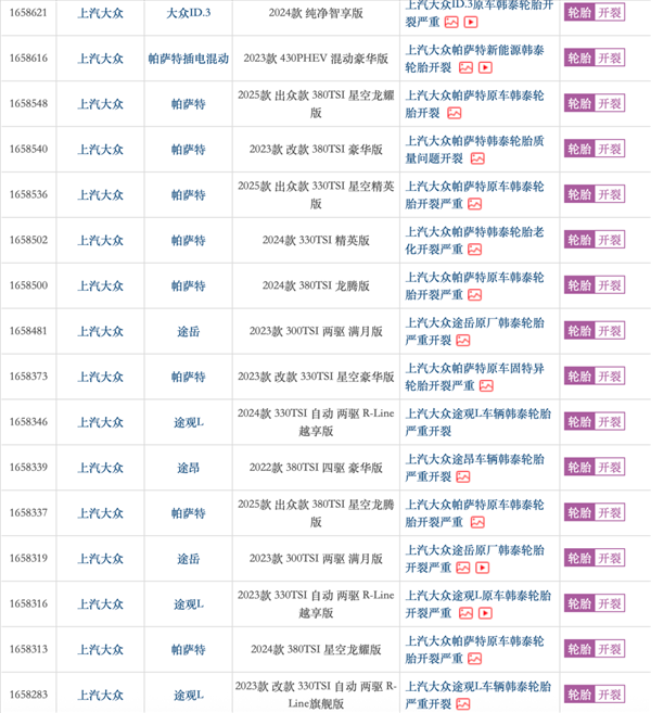 上汽大众轮胎门发酵:原厂韩泰胎两年大面积龟裂 两月投诉破千条