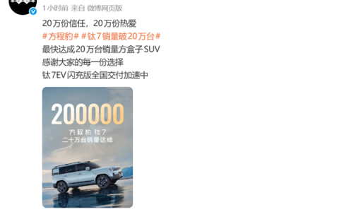 刷新方盒子SUV销售纪录！比亚迪方程豹钛7销量破20万台