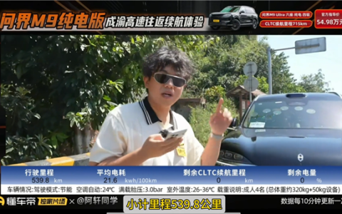 懂车帝测试问界M9成渝高速往返续航：539公里趴窝