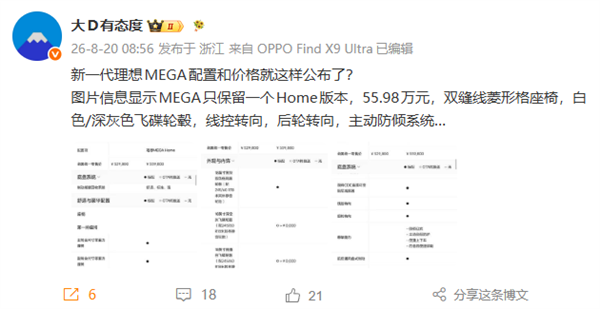 55.98万 曝新一代理想MEGA Home售价公布:终于有后轮转向